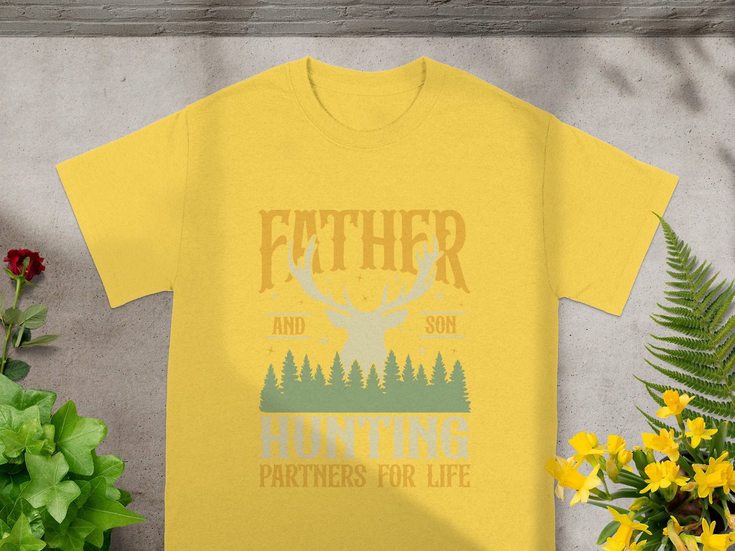 Yellow t-shirt with "Father and Son Hunting Partners For Life" text and deer graphic.
