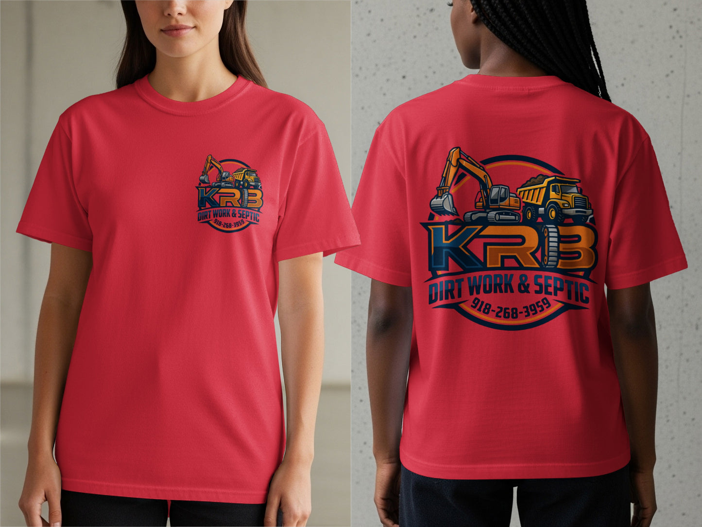 Red t-shirt with KRB Dirt Work & Septic logo, featuring excavators and dump trucks.