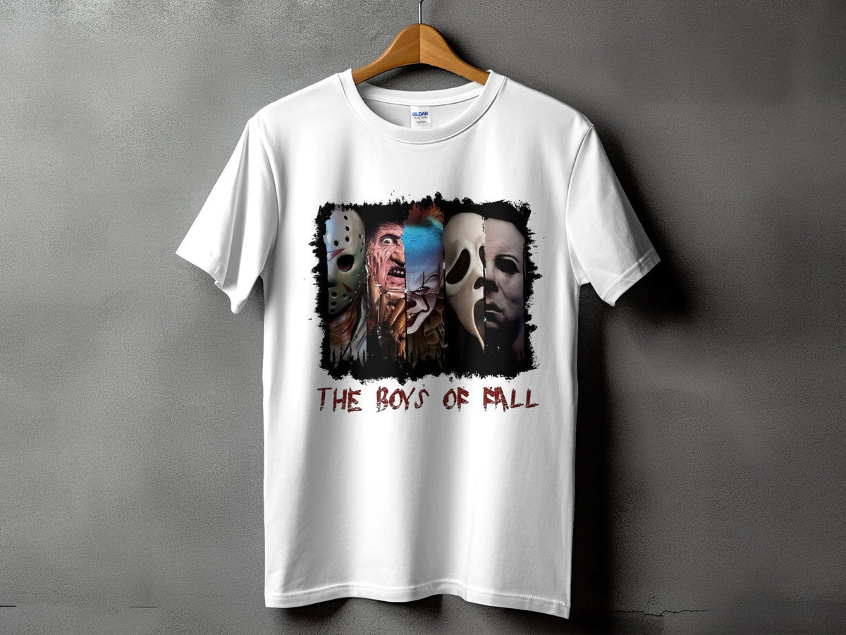 White t-shirt with horror movie villains and the text "THE BOYS OF FALL".