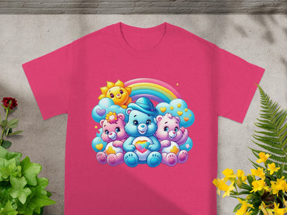 Three cartoon bears sit on clouds under a rainbow and sun.