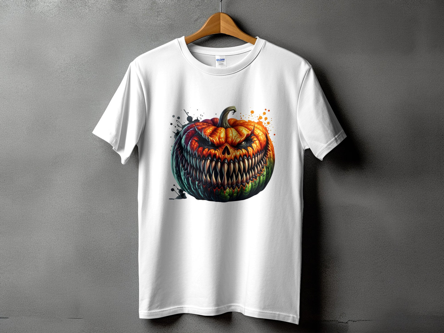 White t-shirt with a detailed, monstrous jack-o'-lantern graphic.