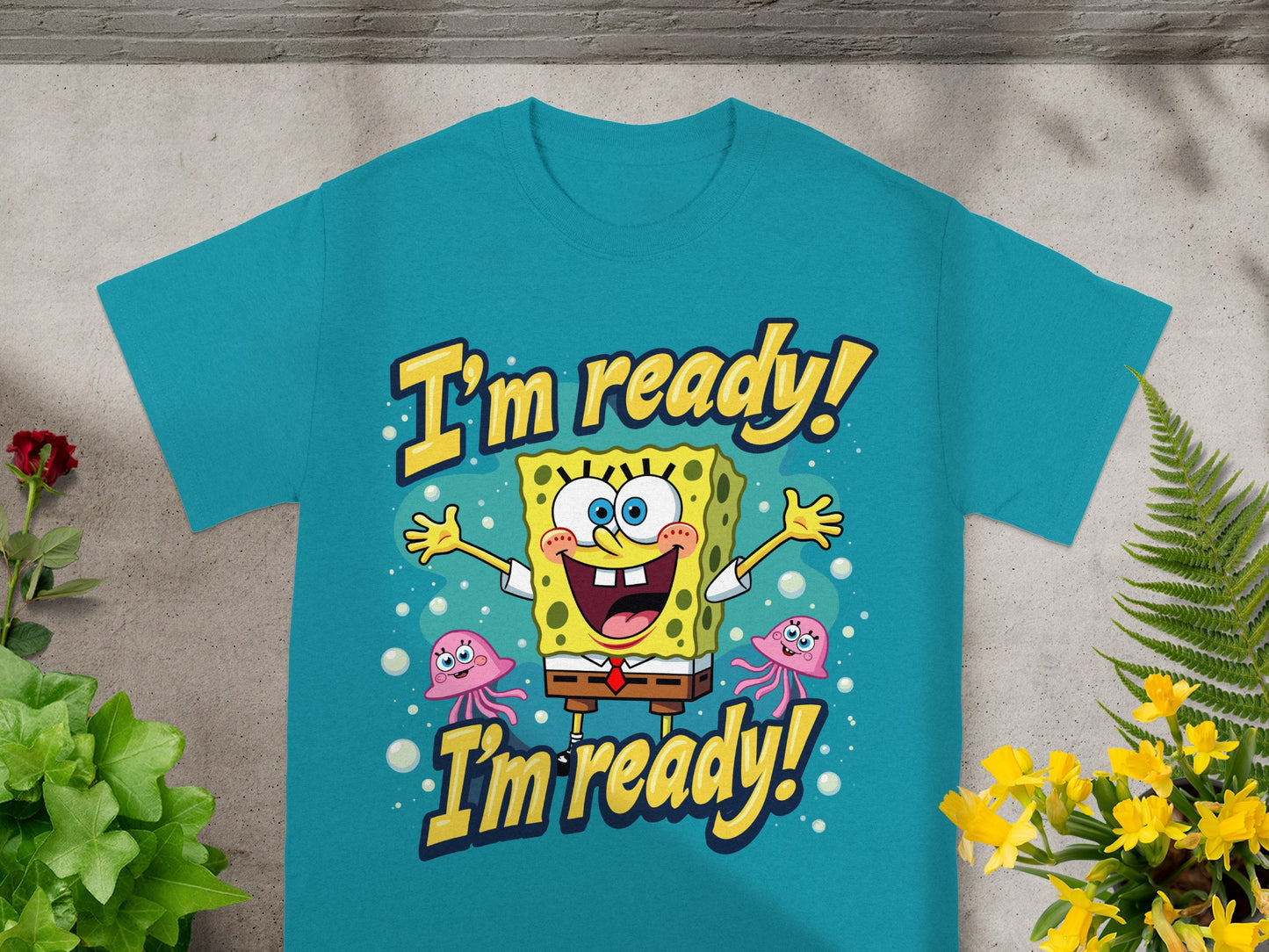 SpongeBob SquarePants on a teal t-shirt with "I'm ready!" text.