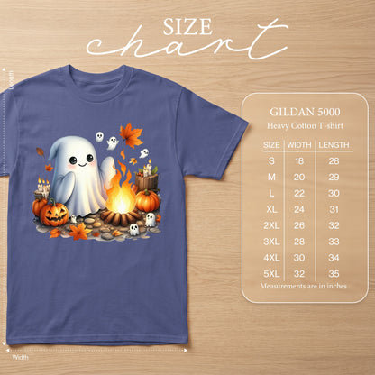 Gildan 5000 Heavy Cotton T-shirt size chart with ghost and campfire graphic.