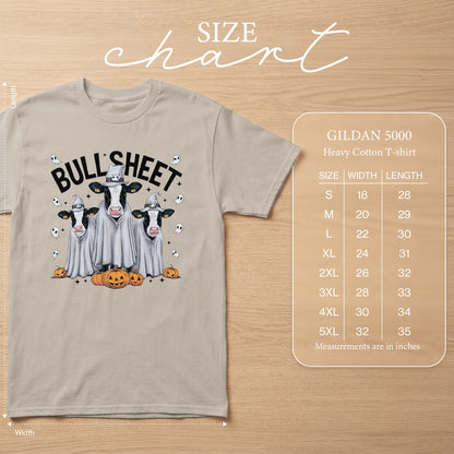 Light beige t-shirt with "BULL SHEET" graphic, featuring cows in ghost costumes and pumpkins. Includes size chart.