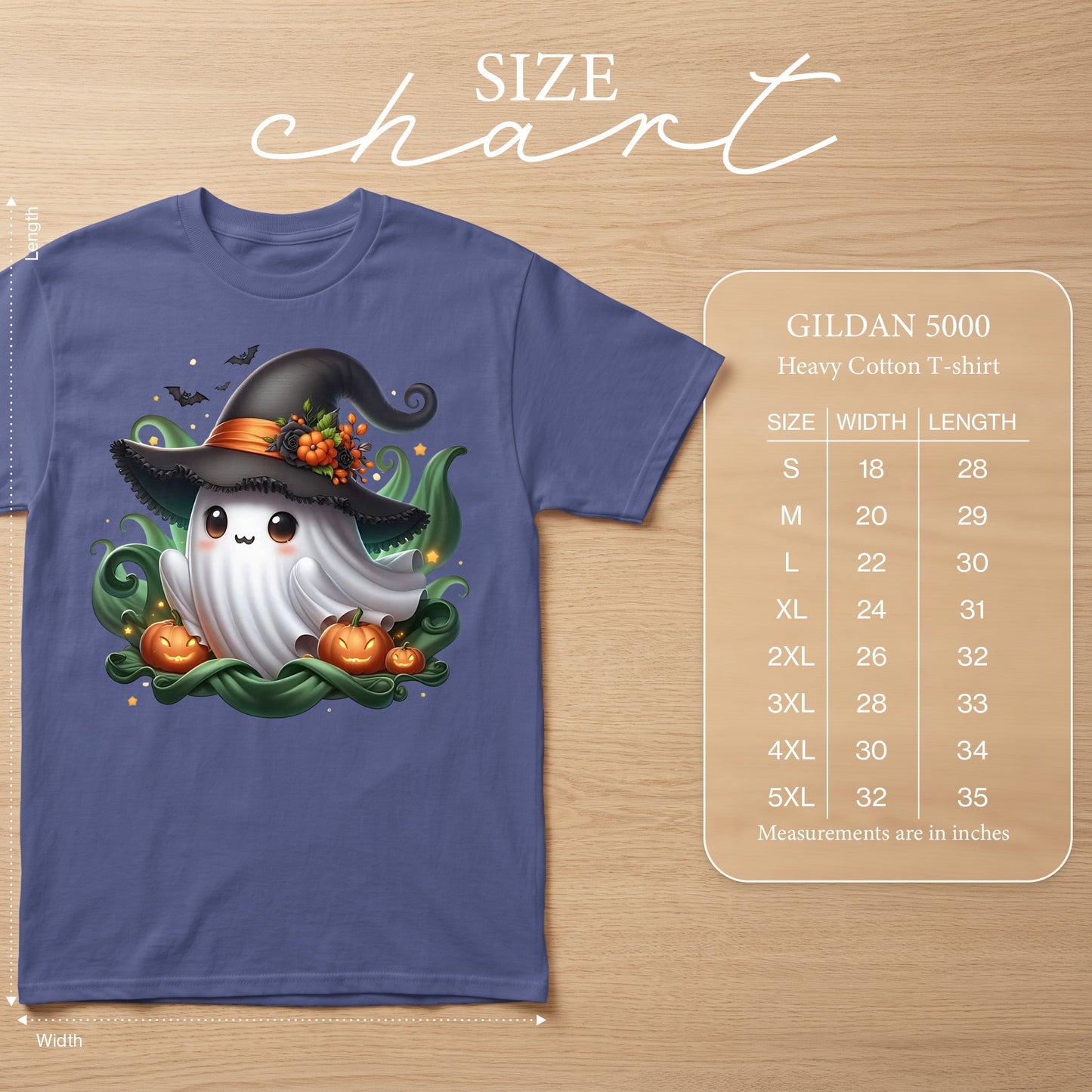 Blue t-shirt with a cartoon ghost in a witch hat, with size chart.