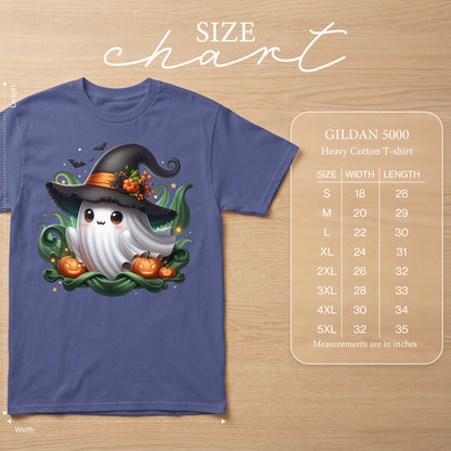 Blue t-shirt with a cartoon ghost in a witch hat, with size chart.