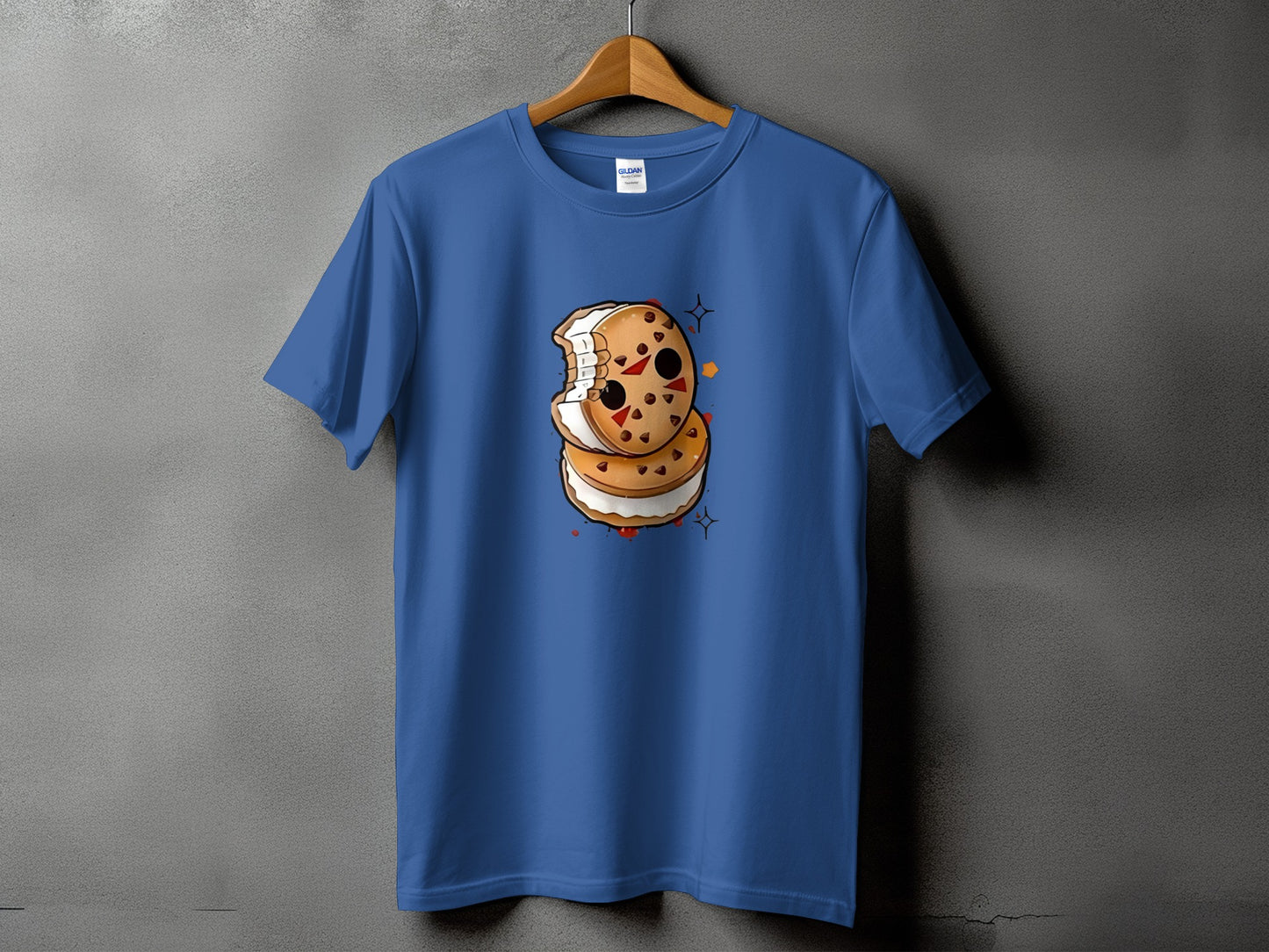 Blue t-shirt with a cartoon ice cream sandwich graphic wearing a hockey mask.