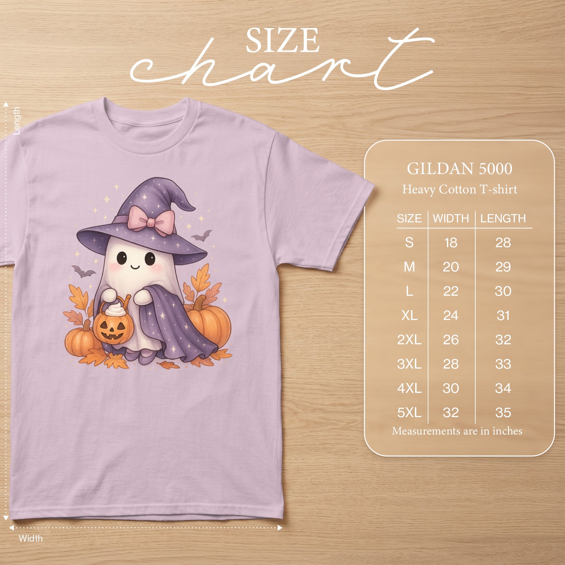 Lavender t-shirt with cartoon ghost in witch hat, pumpkins, leaves, and size chart.