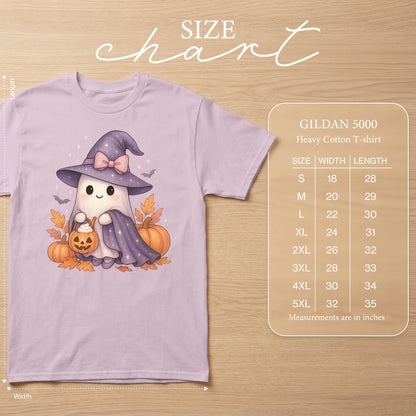 Lavender t-shirt with cartoon ghost in witch hat, pumpkins, leaves, and size chart.
