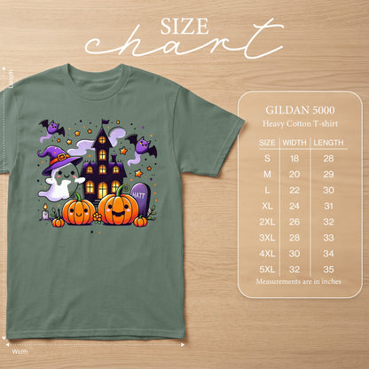 Gildan 5000 heavy cotton t-shirt size chart with Halloween graphic.