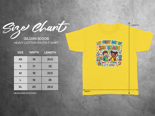 Yellow youth t-shirt size chart with "My First Day of 3rd Grade" graphic.