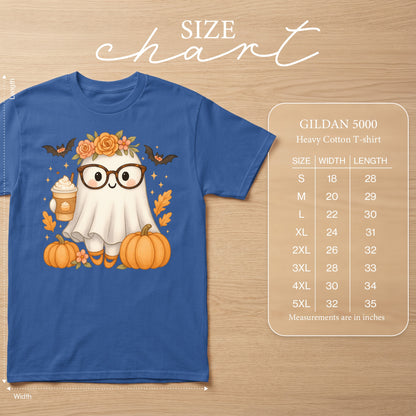 Blue Gildan 5000 t-shirt with a ghost graphic and size chart.