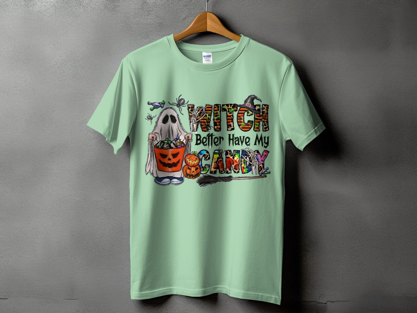 Ghost holding candy bucket with text "Witch Better Have My Candy".