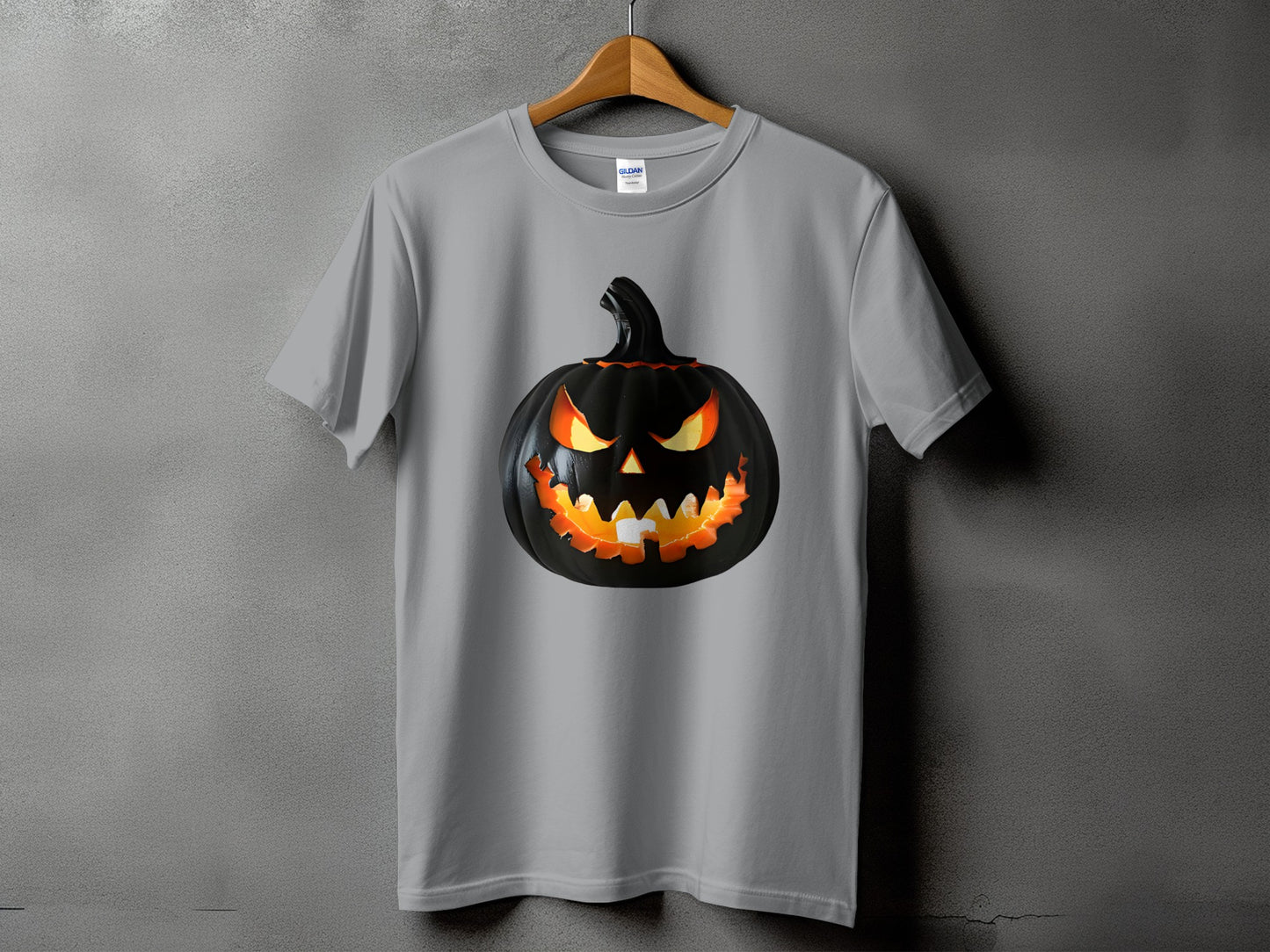 Grey t-shirt with a black jack-o'-lantern graphic on the front.