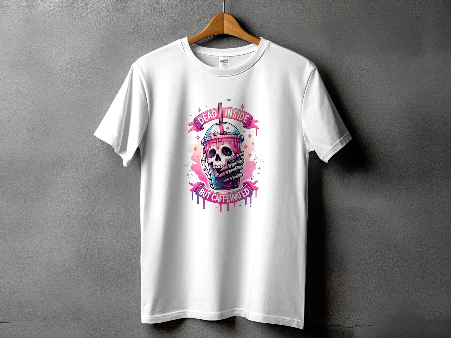 White t-shirt with skull holding a drink, "Dead Inside But Caffeinated" text.