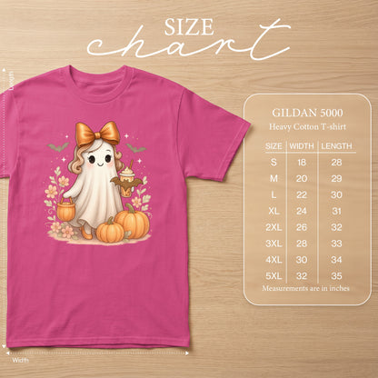 Gildan 5000 size chart with ghost graphic on pink t-shirt.