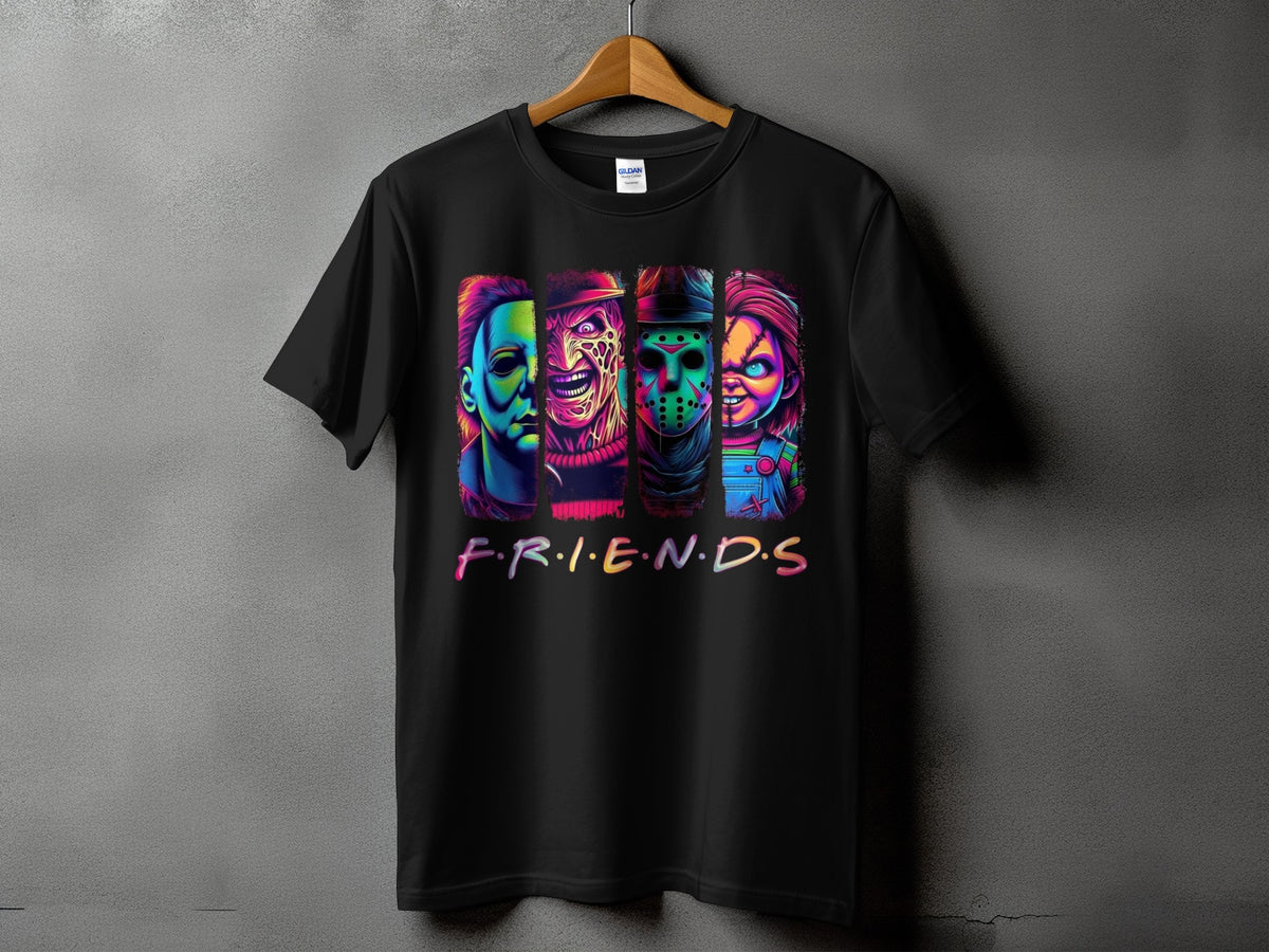 Black t-shirt with horror characters Michael Myers, Freddy Krueger, Jason Voorhees, and Chucky in a Friends logo style.