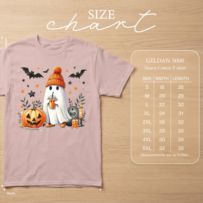Gildan 5000 Heavy Cotton T-shirt size chart with ghost Halloween graphic.