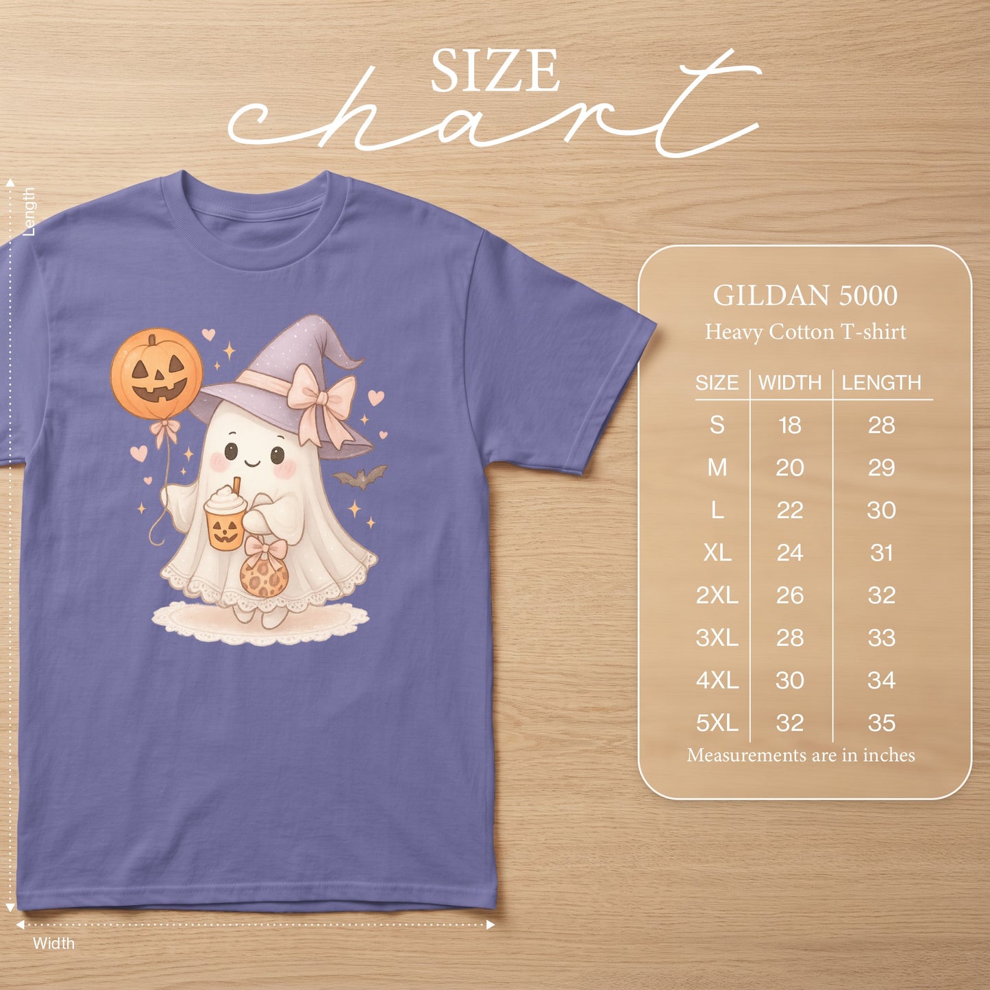 Purple t-shirt with a cute ghost wearing a witch hat and holding a pumpkin balloon.