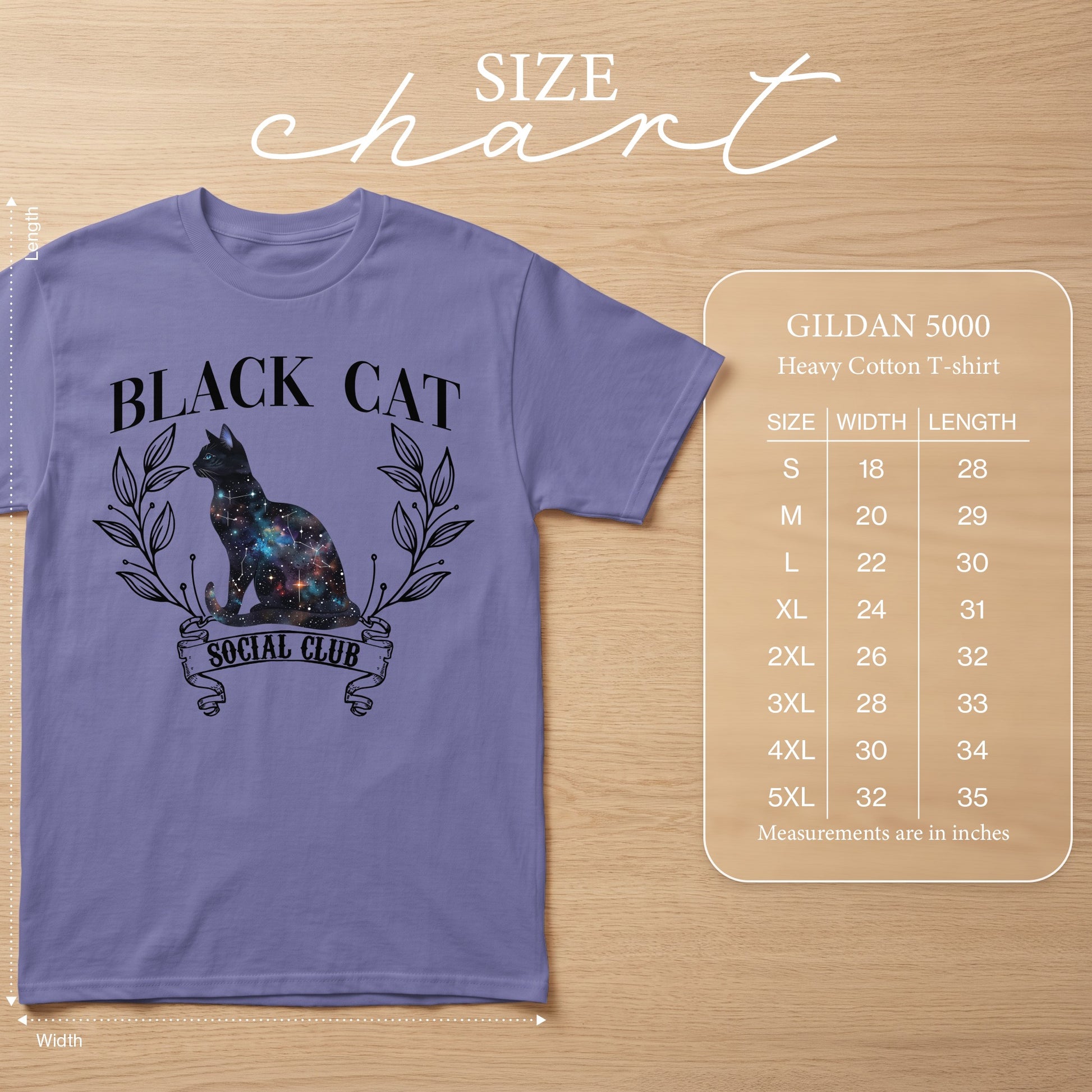 Purple Gildan 5000 Heavy Cotton T-shirt with black cat galaxy graphic and size chart.