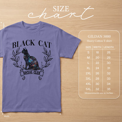 Purple Gildan 5000 Heavy Cotton T-shirt with black cat galaxy graphic and size chart.