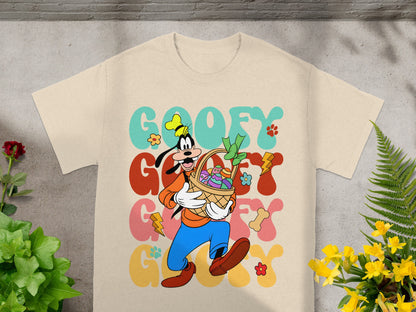 Goofy in a basket with Easter eggs and flowers, "Goofy" text.