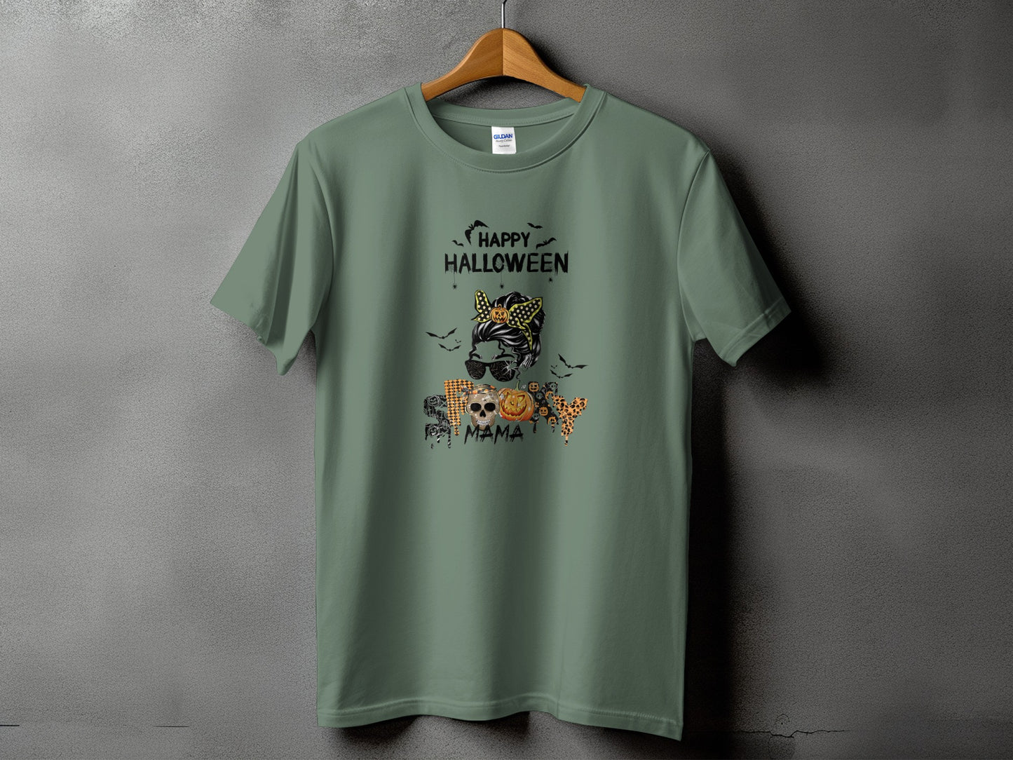 Green t-shirt with "Happy Halloween" and "Spooky Mama" text and Halloween graphics.