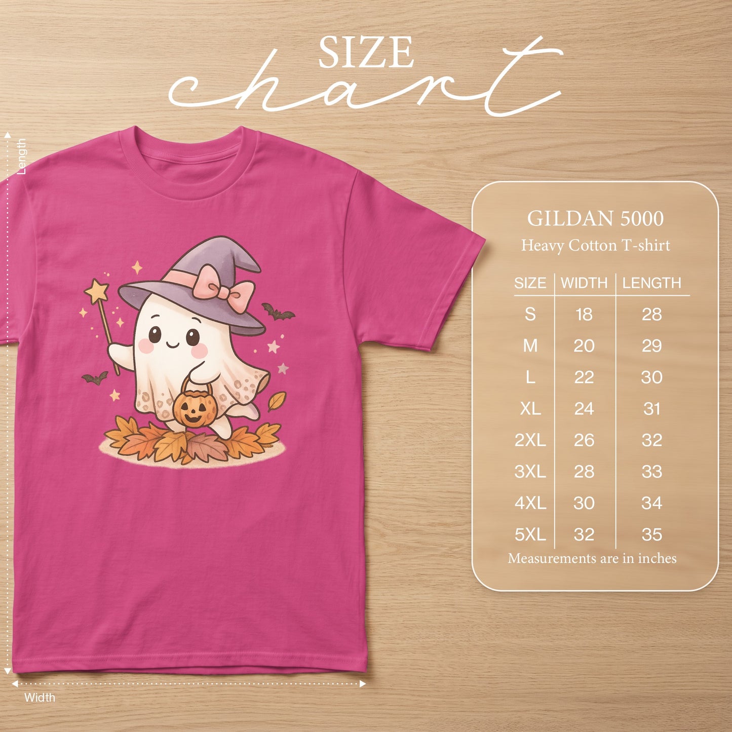 Pink t-shirt with a cartoon ghost in a witch hat holding a pumpkin basket and a wand.