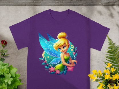 Tinkerbell illustration on purple t-shirt with floral and leafy accents.