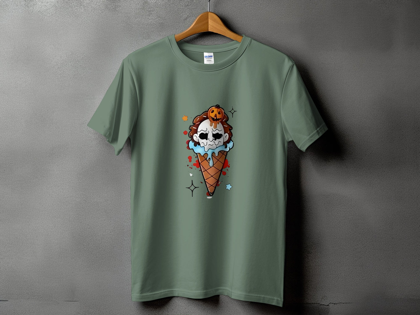 Green t-shirt with a creepy ice cream cone graphic featuring a skull and pumpkin.