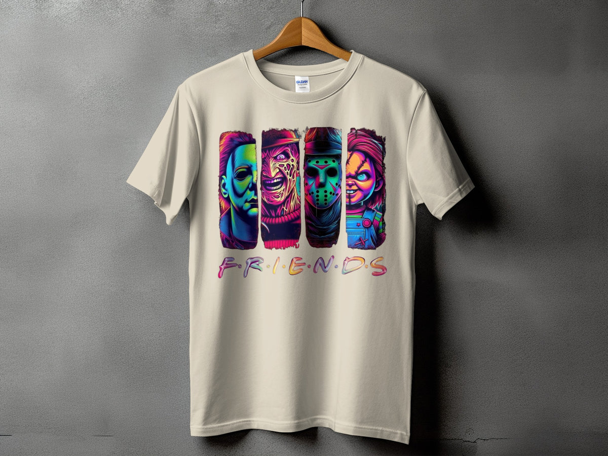 Cream t-shirt with horror movie characters and "F.R.I.E.N.D.S" text.