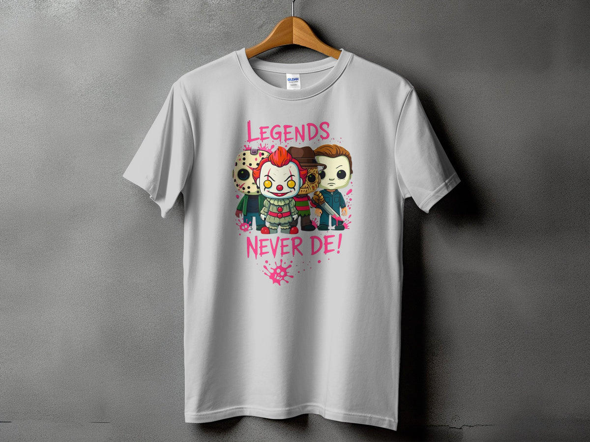 White t-shirt with "Legends Never De!" and cartoon horror characters.