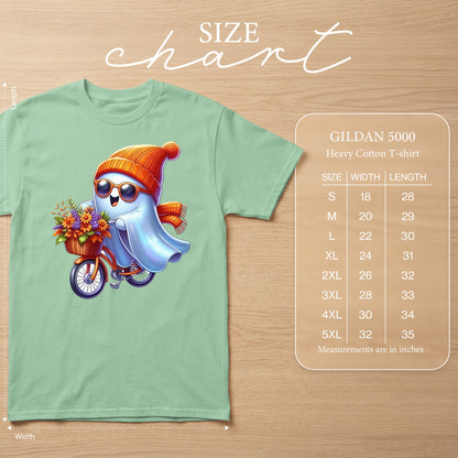 Ghost wearing hat and sunglasses rides a bicycle with flowers; Gildan 5000 size chart.