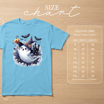 Light blue Gildan 5000 heavy cotton t-shirt with Halloween ghost graphic and size chart.