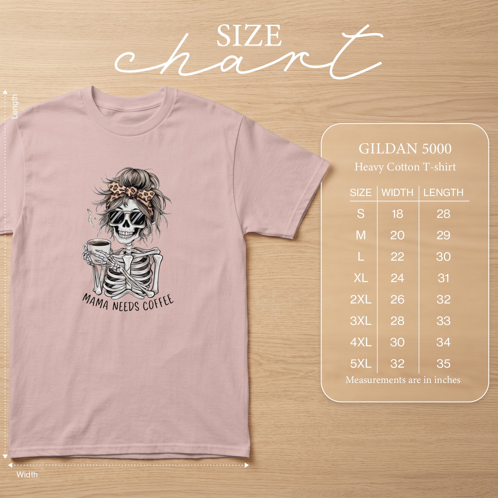 Pink t-shirt with skeleton graphic and size chart for Gildan 5000 heavy cotton shirt.