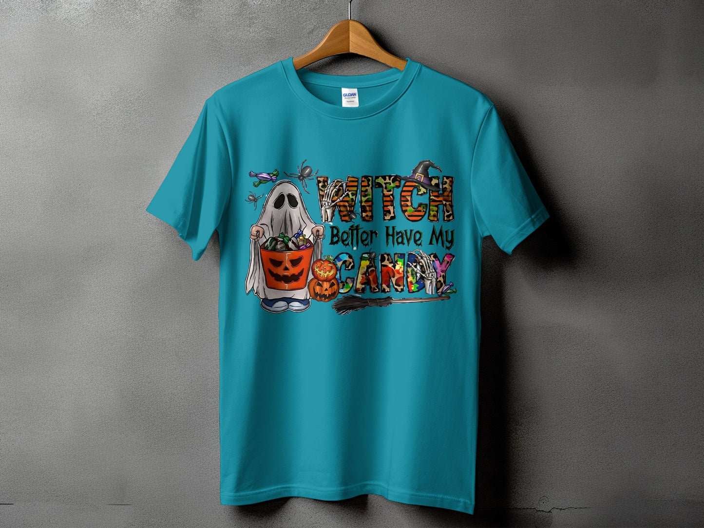 Teal t-shirt with "Witch Better Have My Candy" Halloween graphic and ghost.