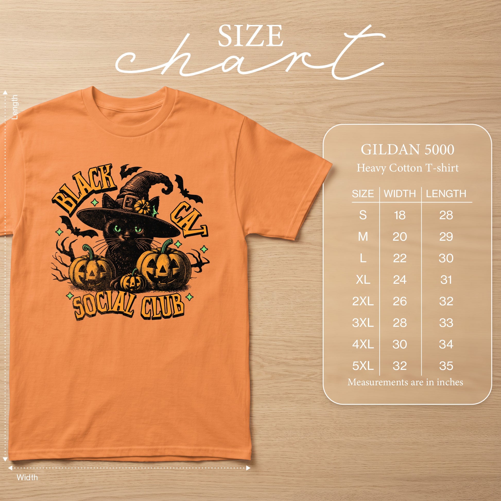 Orange t-shirt with "Black Cat Social Club" Halloween graphic and Gildan 5000 size chart.