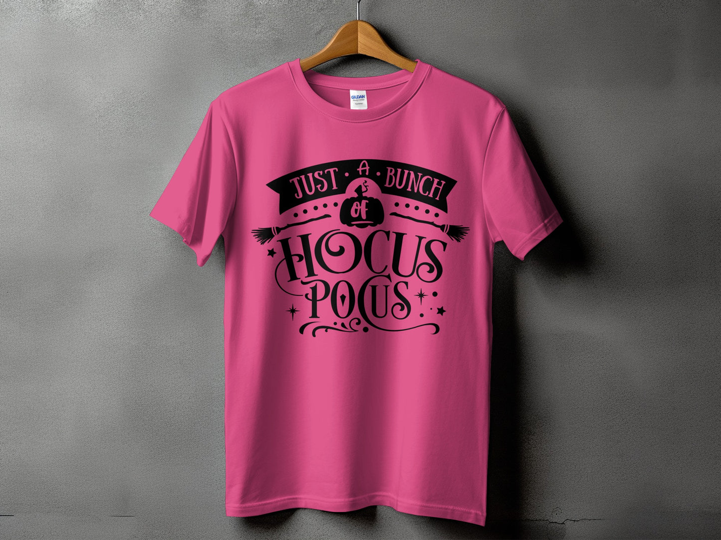 Pink t-shirt with black text "Just a Bunch of Hocus Pocus".