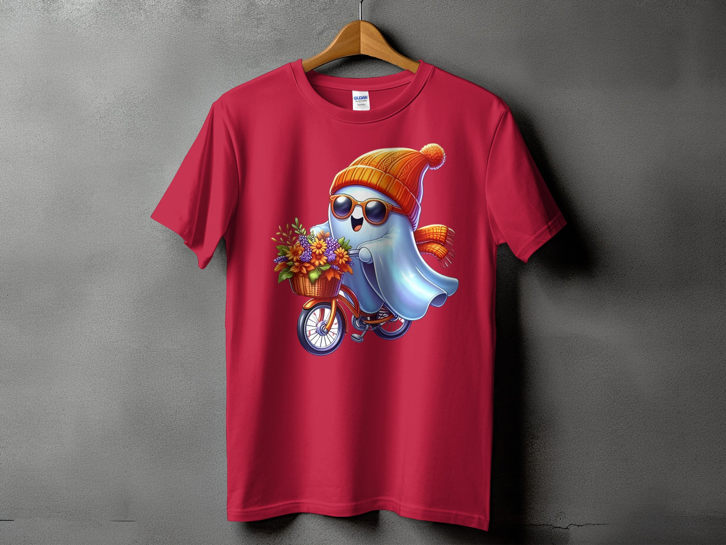 Ghost on a bicycle with flowers, wearing sunglasses and a hat.