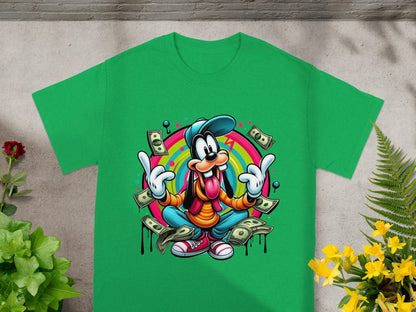 Green t-shirt with Goofy surrounded by money and a rainbow.
