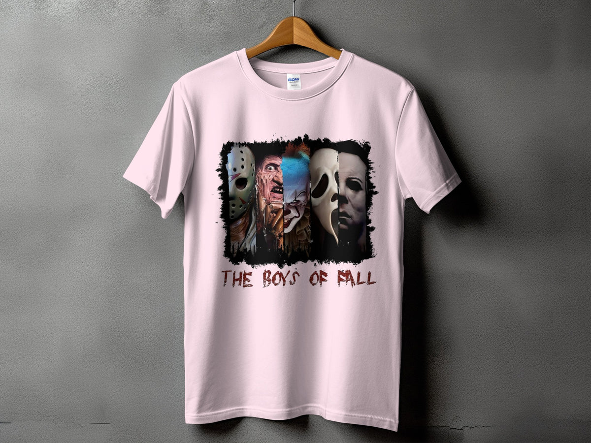 Pink t-shirt with horror movie villains and "The Boys of Fall" text.