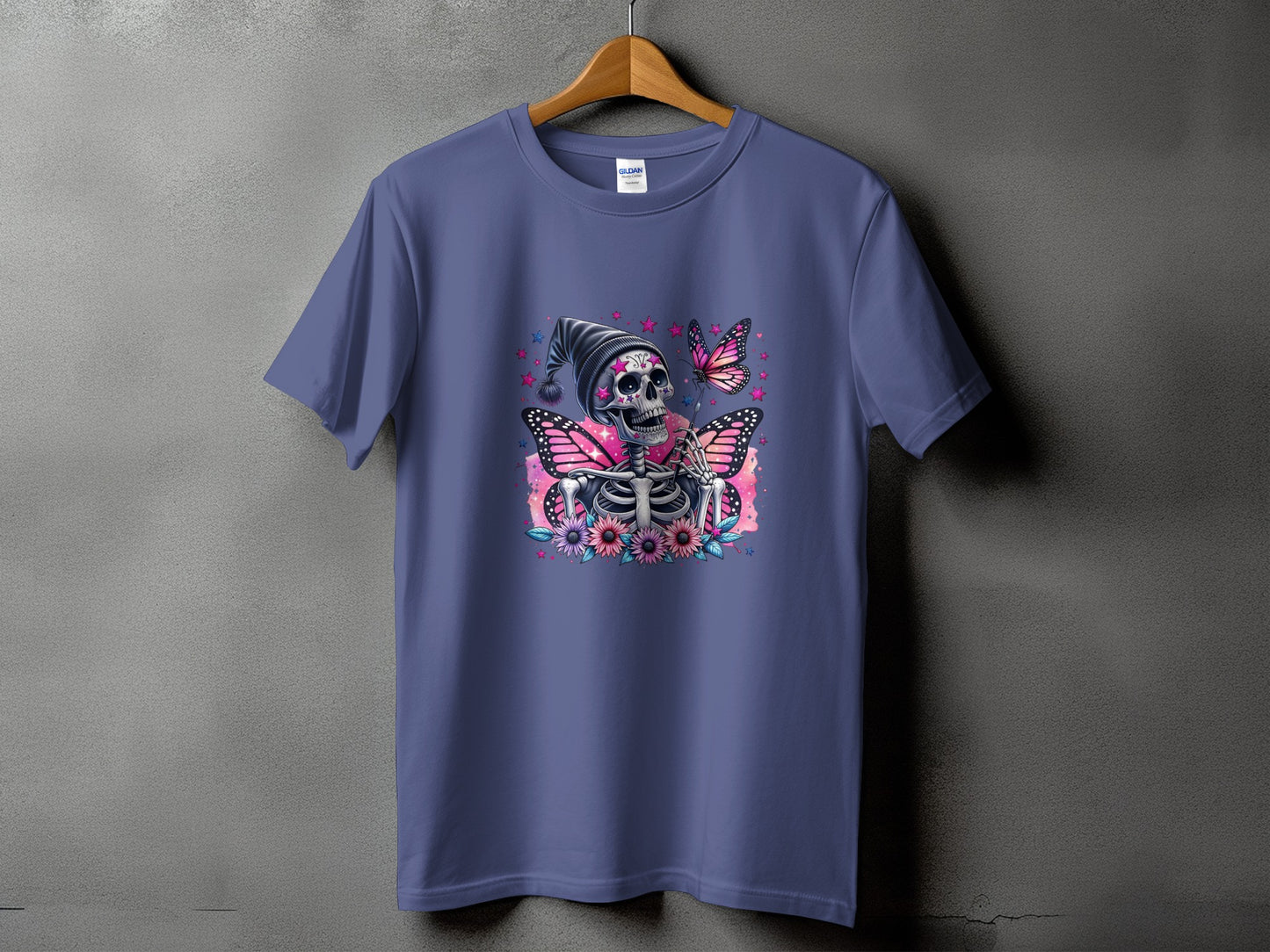 T-shirt with skeleton, flowers, and pink butterflies graphic design.
