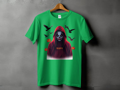Green t-shirt with Halloween clown graphic and flying crows.