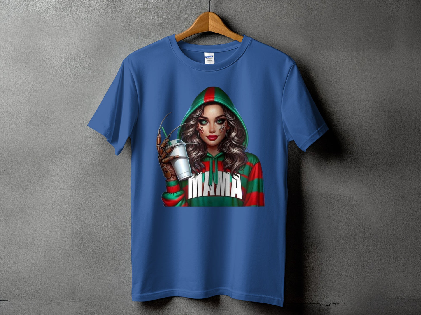 Blue t-shirt with a graphic of a woman in a striped hoodie holding a cup.
