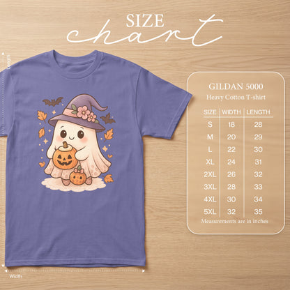 Purple t-shirt with cute ghost holding pumpkins, size chart included.