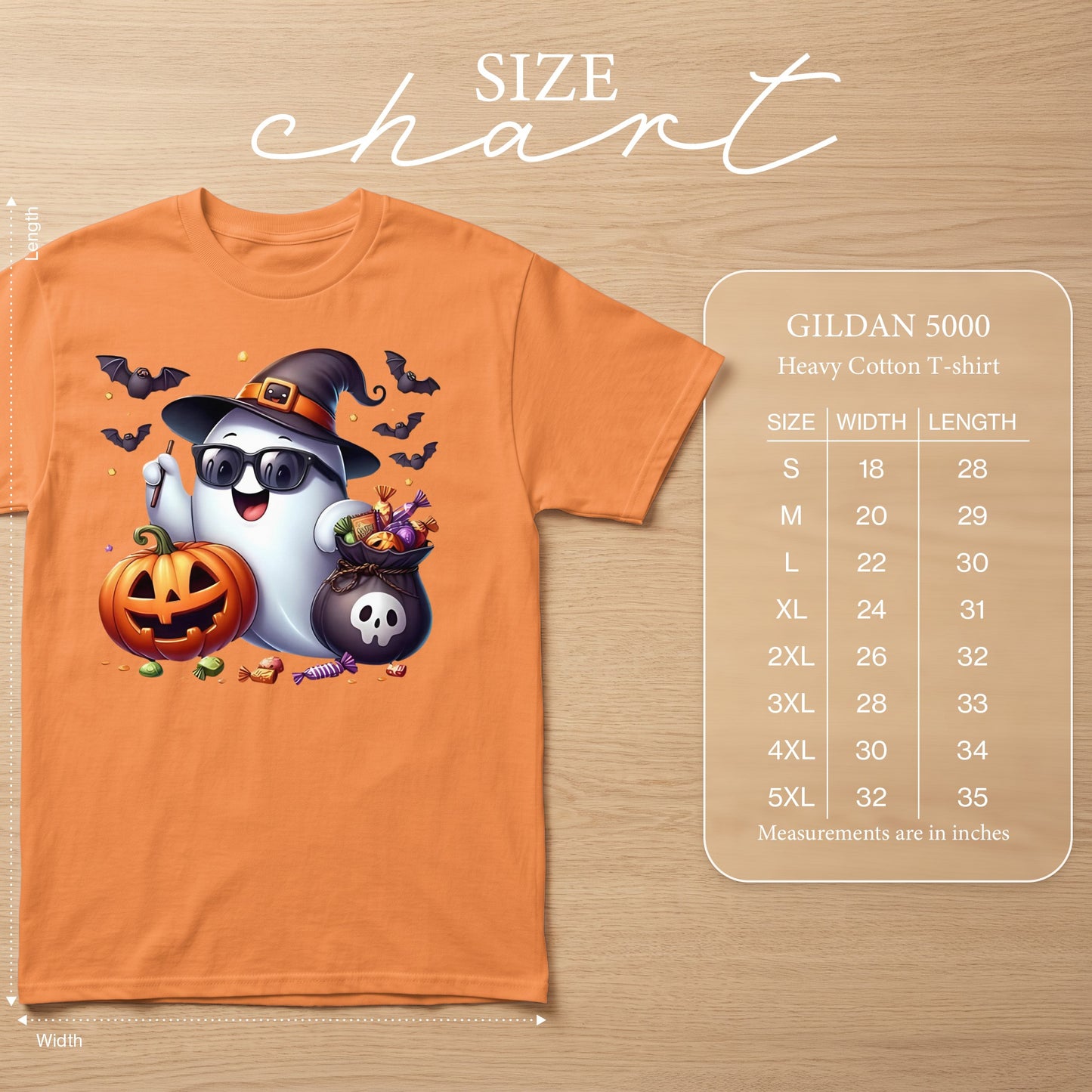 Orange t-shirt with a happy ghost wearing a witch hat, sunglasses, and holding candy, with a jack-o'-lantern and bats.