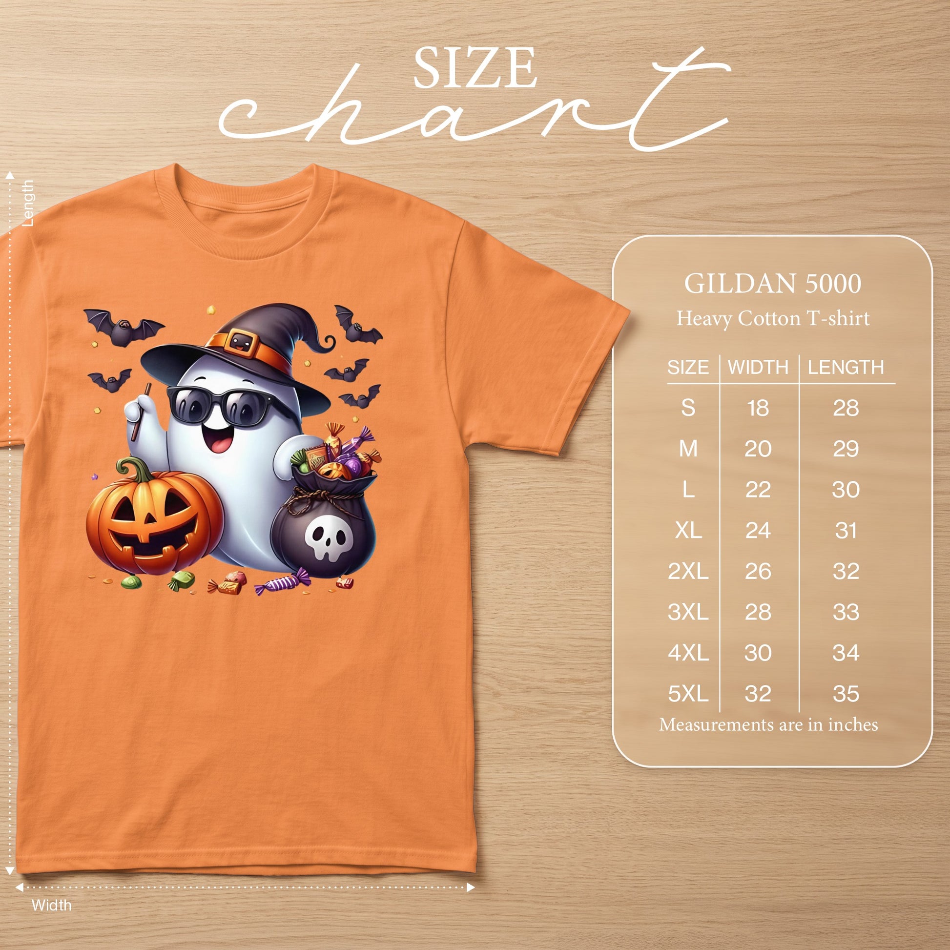 Orange t-shirt with a happy ghost wearing a witch hat, sunglasses, and holding candy, with a jack-o'-lantern and bats.