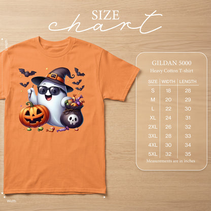 Orange t-shirt with a happy ghost wearing a witch hat, sunglasses, and holding candy, with a jack-o'-lantern and bats.