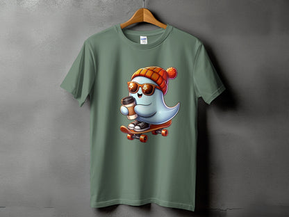 Cartoon ghost in beanie and sunglasses rides skateboard holding coffee cup.