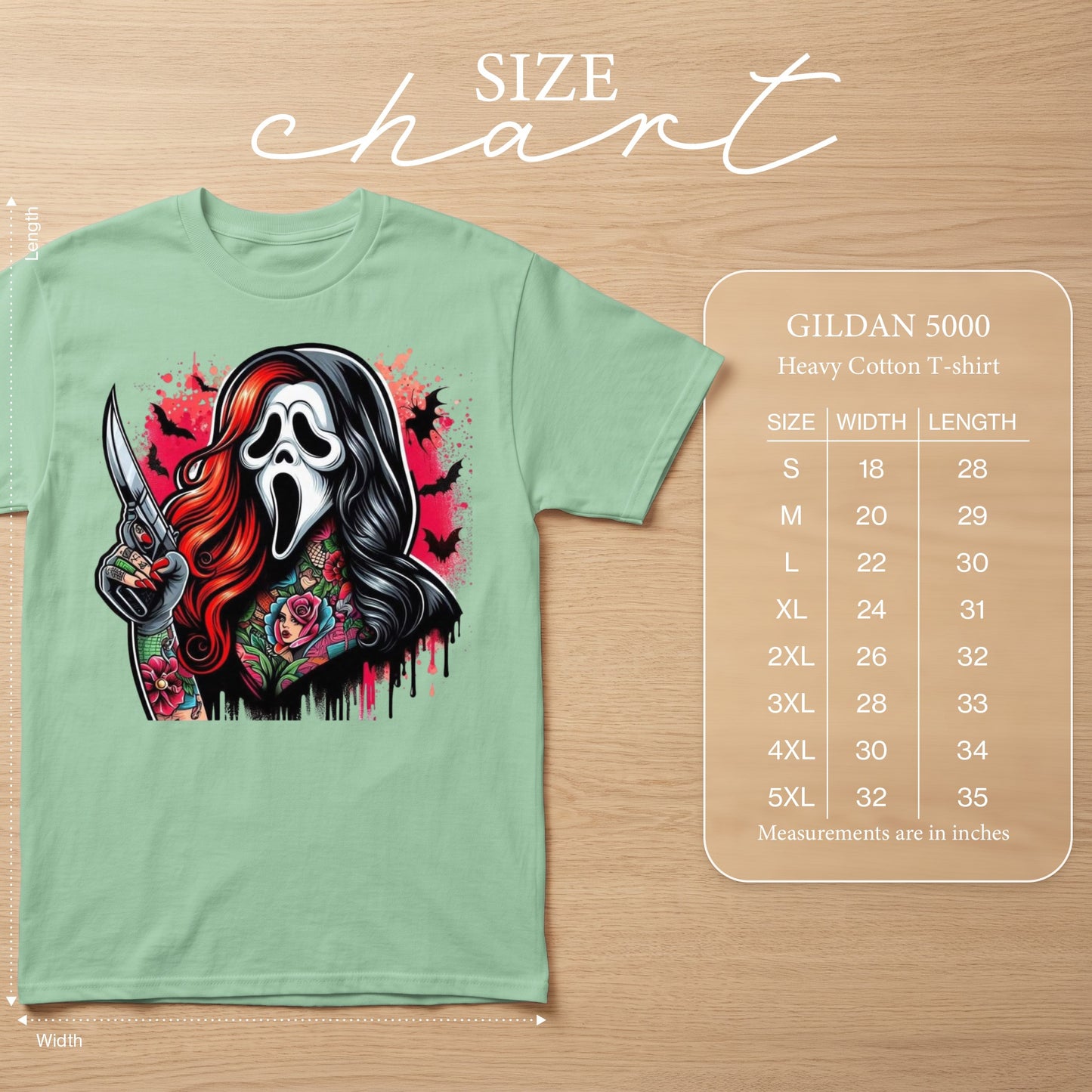 Ghostface graphic t-shirt with size chart including width and length measurements in inches.